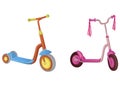 Two cute color kick scooter. For boy and girl. Push scooter isolated on white background. Eco transport for kids. Vector illustrat Royalty Free Stock Photo
