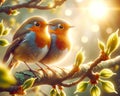 Two Cute Colorful European Robins Springtime Morning Sunrise Tree Branch Small Birds AI Generated