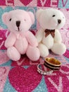 Two cute cuddly teddy bears with two beautiful wedding rings on a pink love background Royalty Free Stock Photo