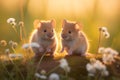 Two cute and curious little mice joyfully scampering amidst a vast, sun drenched wheat field