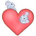 Two cute mice on a big pink heart.