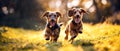 Two cute dachshund dogs running on the grassy sunny clearing of a forest in the afternoon sunset. Daytime outdoor shot