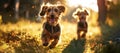 Two cute dachshund dogs running on the grassy sunny clearing of a forest in the afternoon sunset. Daytime outdoor shot