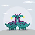 Two cute dinosaurs hugging long necks. vector illustration