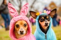 Two cute dogs in costumes are looking at the camera at a festive event.
