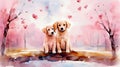 Two cute dogs in pink flowers. watercolor postcard for valentine day. Royalty Free Stock Photo