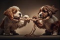 two cute dogs playing tug-of-war with rope toy Royalty Free Stock Photo
