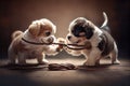 two cute dogs playing tug-of-war with rope toy Royalty Free Stock Photo
