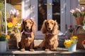 Two cute dogs on a spring flowers decorated porch on a warm sunny day Royalty Free Stock Photo