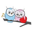 Two cute drawn Owls sits on a branch. Happy Valentine`s Day. vector illustration Royalty Free Stock Photo