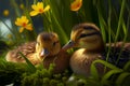 Two cute ducklings in the grass and flowers