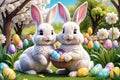 Two cute Easter bunnies holding a basket of Easter eggs ,in a spring garden with flowers Royalty Free Stock Photo