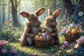 Two cute Easter bunnies holding a basket of Easter eggs ,in a spring garden with flowers,Easter card Royalty Free Stock Photo