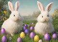 Two cute Easter bunnies sitting on a lush green field surrounded by colorful Easter eggs Royalty Free Stock Photo