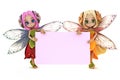 Two cute Fairy's holding a blank pink advertisement card Royalty Free Stock Photo