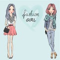 Two cute, fashion, cartoon girls. Royalty Free Stock Photo