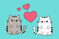 Two cute fat white and beige cat couple in love, anime kawaii style isolated on blue background. Valentines day concept