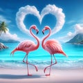 Two cute flamingo birds enjoy time.