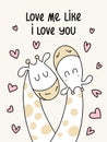 Two cute flat giraffes. Love me like I love you vector cartoon illustration poster