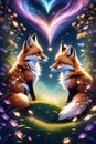 Two cute foxes in a grassy hill, in a dreamy night of love scenery, with flowers arounds, cute heart-shaped, animal and nature