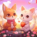 Two cute foxes holding a heart in the woods, AI