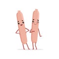 Two cute frankfurter sausages standing isolated on white background. Cartoon meat characters. Flat vector design for