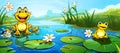 Two cute frogs sitting on lily pads in a pond with beautiful landscape background