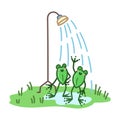 Two cute frogs under summer shower. Kawaii illustration in cartoon style. Vector art hand drawn on white background Royalty Free Stock Photo