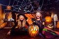 Two cute funny sisters celebrate the holiday. Jolly children in carnival costumes ready for Halloween.