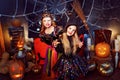 Two cute funny sisters celebrate the holiday. Jolly children in carnival costumes ready for Halloween. Royalty Free Stock Photo