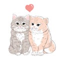 Two cute and furry kitten pink heart and the text I love you. Hand drawn doodles Royalty Free Stock Photo