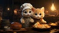 Two cute ginger kittens in chef\'s hat and apron are sitting next to a plate with bread Ai generated