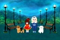 Two cute girls with dogs in the evening park