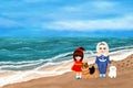 Two cute girls with two dogs walks along the tropical beach