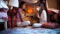 Two cute girls in pajams sitting in tepee tent and telling scary stories