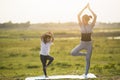 Two cute girls practicing yoga at park in sunny bright light Royalty Free Stock Photo