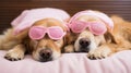 two cute golden retriever dogs sleeping in pink sleeping mask