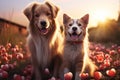 Two cute golden retrievers enjoy summer, playing on the grass