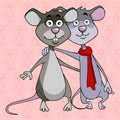 Two cute gray cartoon rats hugging amicably