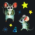 Two cute gray watercolor mice with big black eyes and pink ears. yellow stars, snowflakes and a Christmas tree. Winter