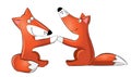 Two cute hand-drawn cartoon foxes, veector illustration.Cartoon character foxes