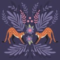 Two cute hand drawn cheetahs stretching on dark purple background with exotic plants. Flat vector