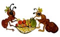 Two cute ants are eating fruit from basket