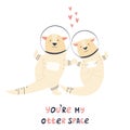 Two cute happy astronaut otters floating together Royalty Free Stock Photo