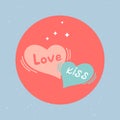 Red Heart with word Ã¢â¬â Love and Blue Heart with word - Kiss. Romantic pictogram in circle. Trendy