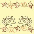 Two cute hedgehogs and autumn leaves. Place for text, postcard, invitation