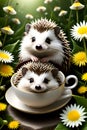 Two cute hedgehogs nestled in a teacup, with flowers arounds them, digital anime art, animal, fantasy