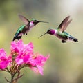 Two cute hummingbird bird flying next to beautiful pink flower. Royalty Free Stock Photo