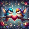 Two cute hummingbirds holding a heart, perched on a branch, flower, rain drops falling arounds, painting art Royalty Free Stock Photo