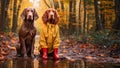 Two cute Irish Setter dogs, dressed in a yellow raincoat, stand on a rain-wet path in an autumn park